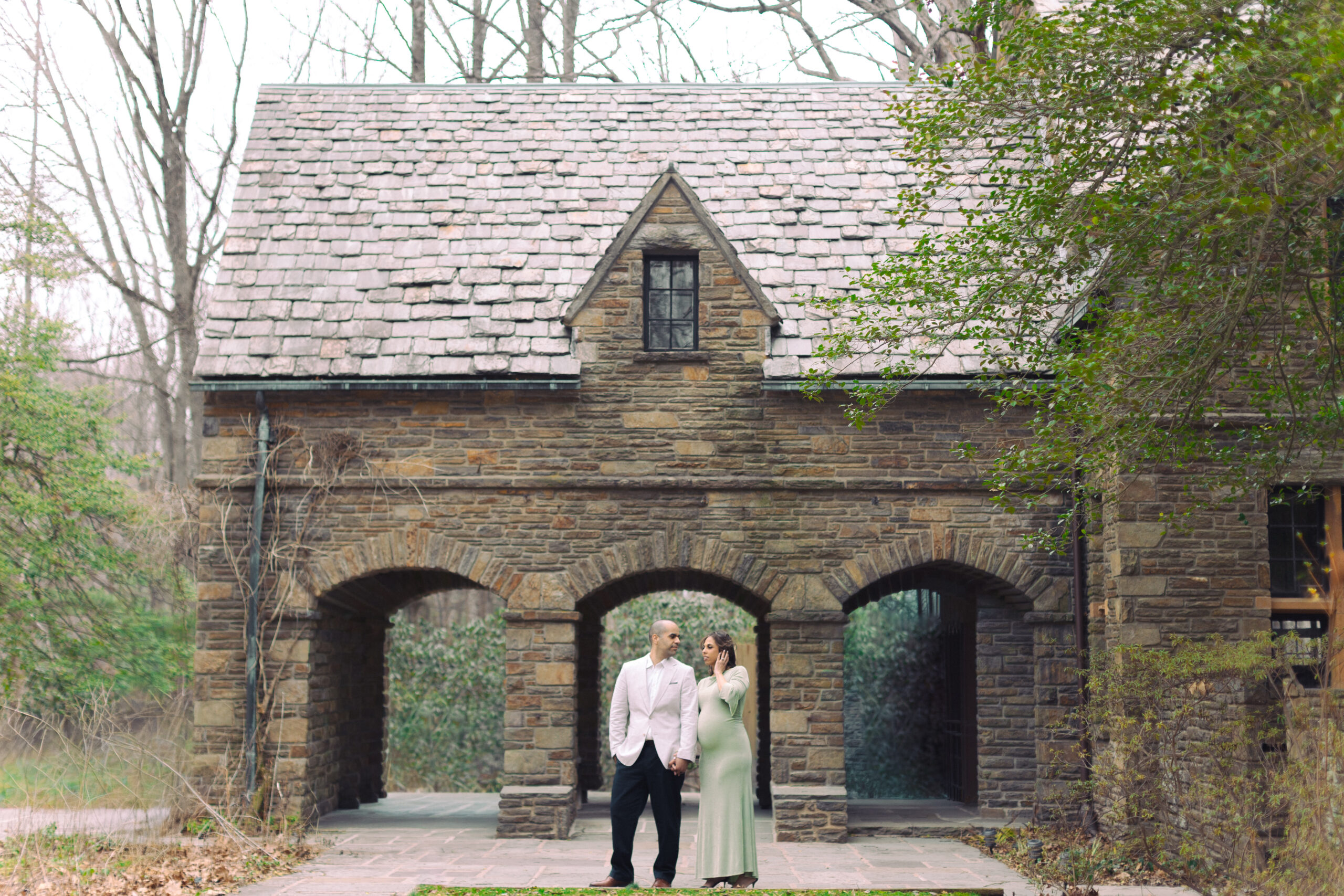 reading pa mansion maternity session green dress gold accents